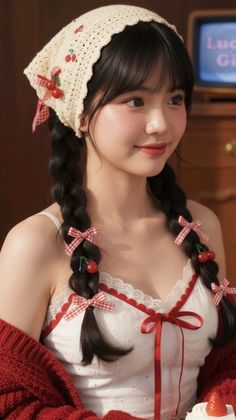 Woman with braided hair and cherry accessories wearing a white camisole and red cardigan