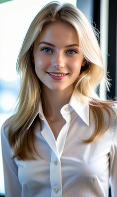 Blonde woman with blue eyes smiling in a white collared shirt