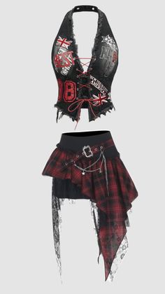 Punk style halter top and plaid skirt with lace and chain details