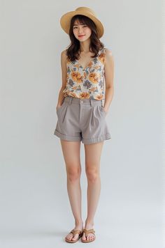 Woman in a straw hat, floral top, and shorts posing in a studio