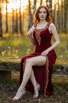 Woman in a red dress with gold embroidery sitting on a mossy bench at golden hour