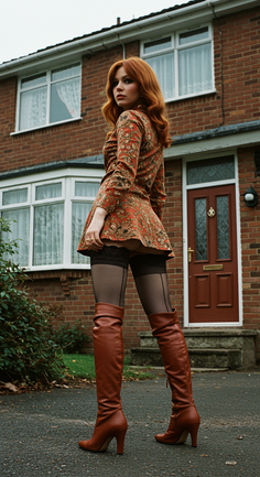 Woman with red hair in a mini dress and thigh-high boots outdoors