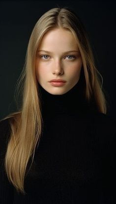 Woman with long blonde hair and blue eyes wearing a black turtleneck