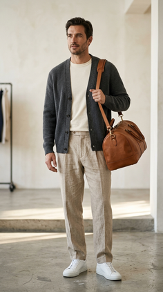 Man in a grey cardigan and linen pants holding a leather bag indoors