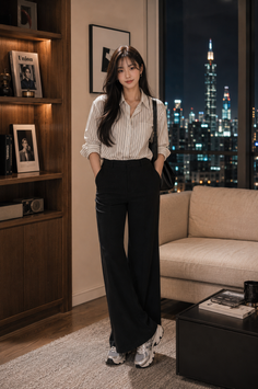 Woman in a striped shirt and wide leg pants standing in an apartment at night