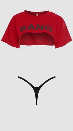 Red crop top with 'BANG' text and a black thong on a plain background