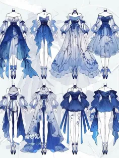 Collection of blue fantasy dresses in anime style