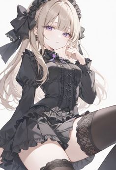 Anime girl with long blonde hair and purple eyes in a gothic dress and thigh high stockings