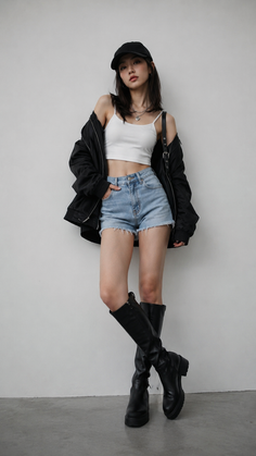 Woman in denim shorts, crop top, and black jacket with a baseball cap