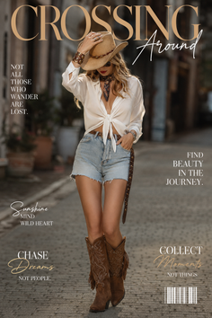 Woman in a cowboy hat, denim shorts, and cowboy boots on a street