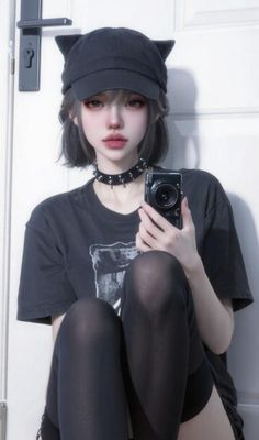 Anime style girl with short hair and a cat ear hat holding a camera