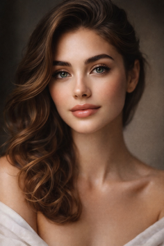 Woman with long brown hair and green eyes, wearing an off-shoulder top