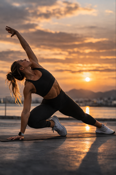 Woman in athletic wear doing a yoga pose outdoors at sunset