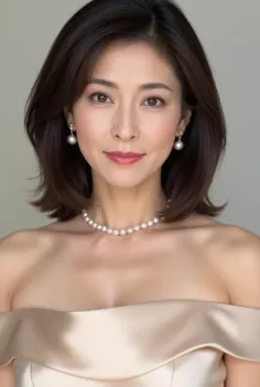Woman with short hair wearing an off-shoulder dress and pearl jewelry