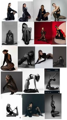 Multiple women in various black lingerie and bodysuits posing in a studio