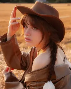 Woman in a cowboy hat and brown jacket with exposed shoulder at golden hour