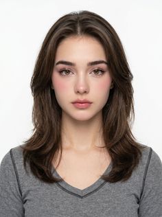 Young woman with long brown hair and pink makeup in a grey shirt
