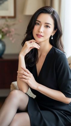 Woman in a black dress with long dark hair posing indoors