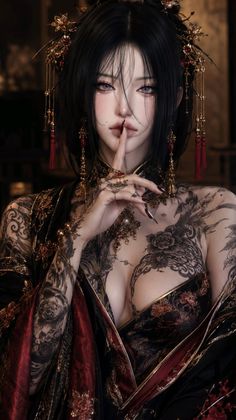 Woman with black hair and tattoos in traditional Chinese clothing with gold jewelry