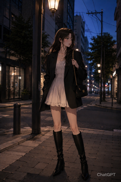 Anime style woman in a black blazer and white dress on a city street at night