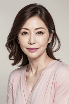 Woman with short brown hair wearing a pink top in a studio portrait