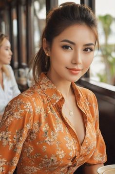 Woman in a floral shirt with an updo hairstyle, looking at the camera