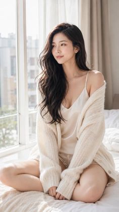 Woman with long dark hair wearing a cardigan and camisole in a sunlit bedroom