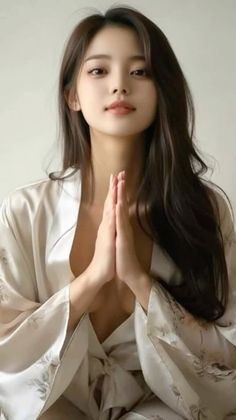Woman in a light kimono with hands pressed together in a portrait shot