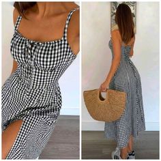 Woman in a black and white gingham dress with a straw bag