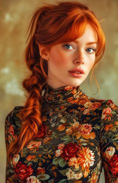 Woman with red hair and freckles wearing a floral turtleneck top