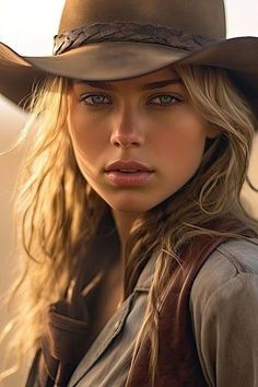 Woman with blonde hair wearing a cowboy hat in soft golden hour lighting