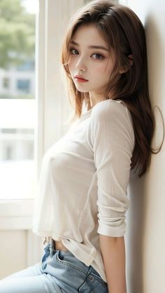 Woman in a white shirt and jeans leaning against a wall by a window