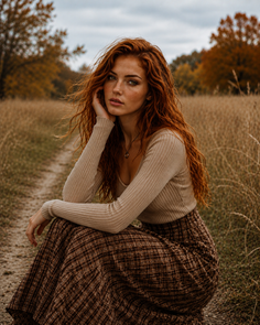 Woman with red hair and freckles in a plaid skirt on an outdoor path