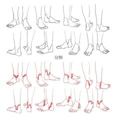 Illustration of feet and lower legs from various angles, with red accents