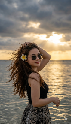 Woman with long hair and a frangipani flower in her hair at sunset by the ocean