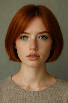 Woman with red hair, blue eyes, and freckles wearing a beige sweater