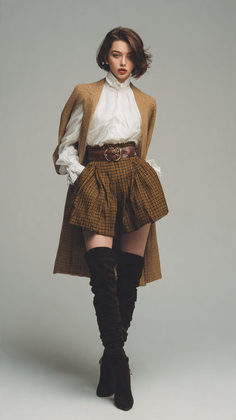 Woman in a plaid shorts and thigh high boots with a brown coat over her shoulders