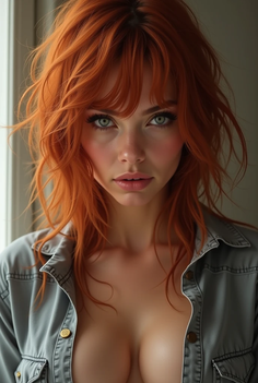 Woman with red hair and green eyes wearing an open shirt, showing cleavage