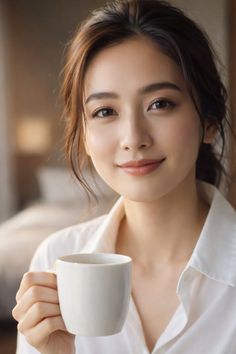 Woman with long hair in a white shirt holding a mug indoors