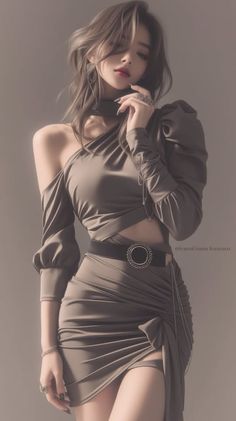 Woman in a stylish off-shoulder top and mini skirt with soft lighting