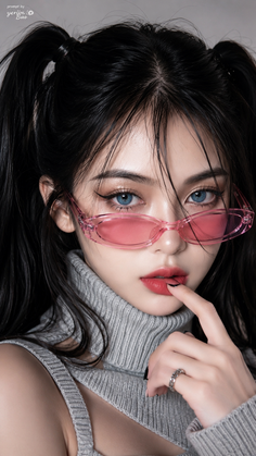 Woman with black twin tails, pink sunglasses, and a gray turtleneck