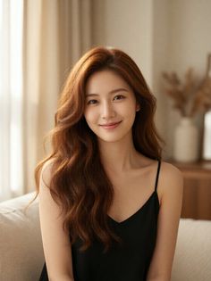 Woman with long wavy hair wearing a black camisole indoors with soft lighting