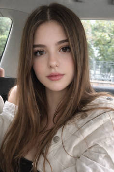 Young woman with long brown hair wearing an off-shoulder top in a car