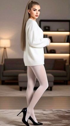 Woman in a white sweater and tights with black high heels indoors
