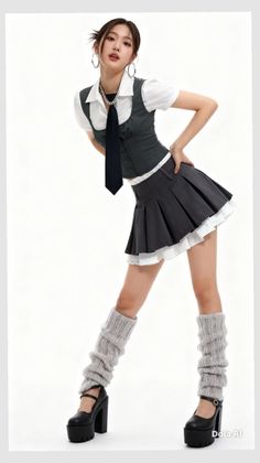 Woman in a school uniform with a pleated skirt and leg warmers posing on a white background