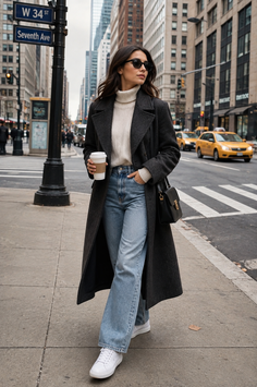 Woman in a long coat and jeans walking on a city street with a coffee cup