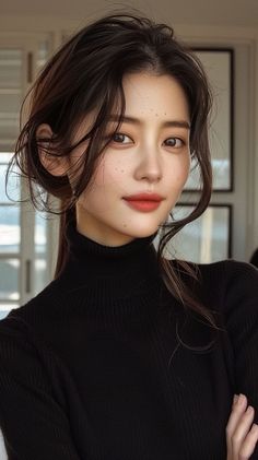 Woman with long dark hair and freckles wearing a black turtleneck indoors