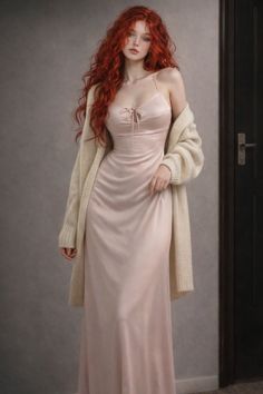 Woman with long red hair wearing a slip dress and cardigan indoors