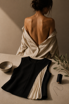 Woman with bare back and off-shoulder shirt, with a sewing project in the foreground