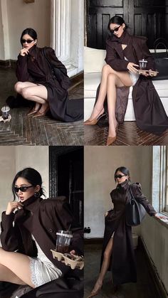 Woman in a dark trench coat and sunglasses posing indoors